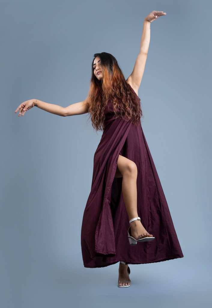 Studio Maroon Slit Dress Dance Pose